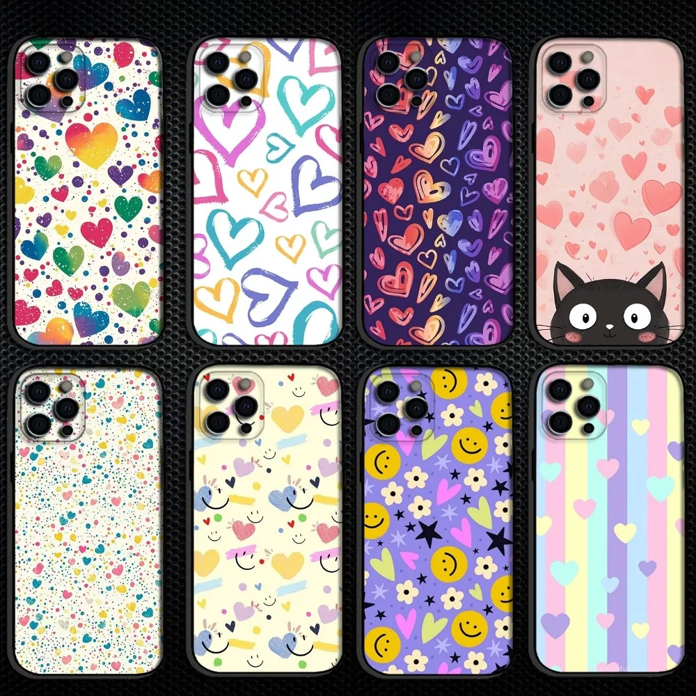 

Heart Aesthetic Pattern Phone Case For iPhone 16,15,14,13,12,11 Plus,Pro Max, Soft Silicone Black Cover