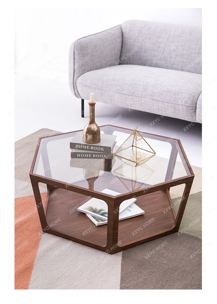 MMls 04  simple  walnut veneer living room transparent glass hexagonal coffee table creativity