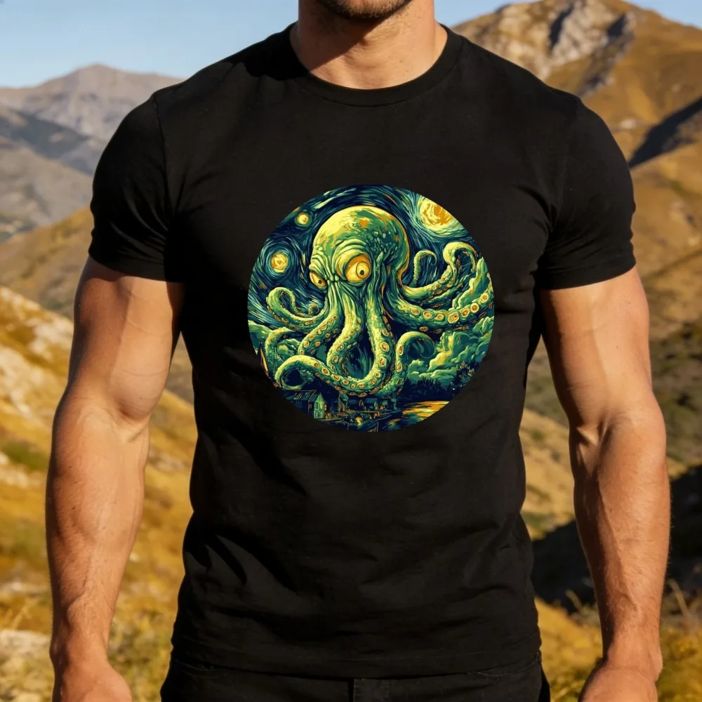 Cthulhu Van Gogh Starry Night Creative Design TShirt Men Cotton Short Sleeve Retro Art Lover Casual Daily Outfit Cthulhu Shirt
