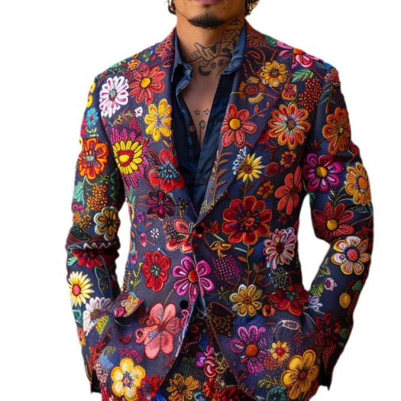 

New Design Mens 2 Piece Suit Floral Flowers Print Coat Top Two Buttons Casual Nightclub Slim Fit Suit Cosplay No Tie