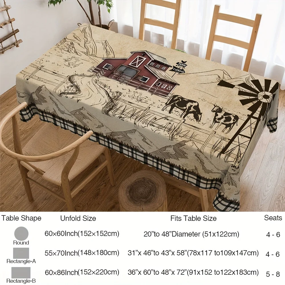 1pc Farmhouse Rustic Farm Tablecloth, Spring and Summer Round Rectangular Tablecloth, Vintage Windmill Country Checked and Cow Home Decor, Decorative Home Kitchen, Restaurant, Party, Festival, Gift, Wedding, Indoor, Outdoor