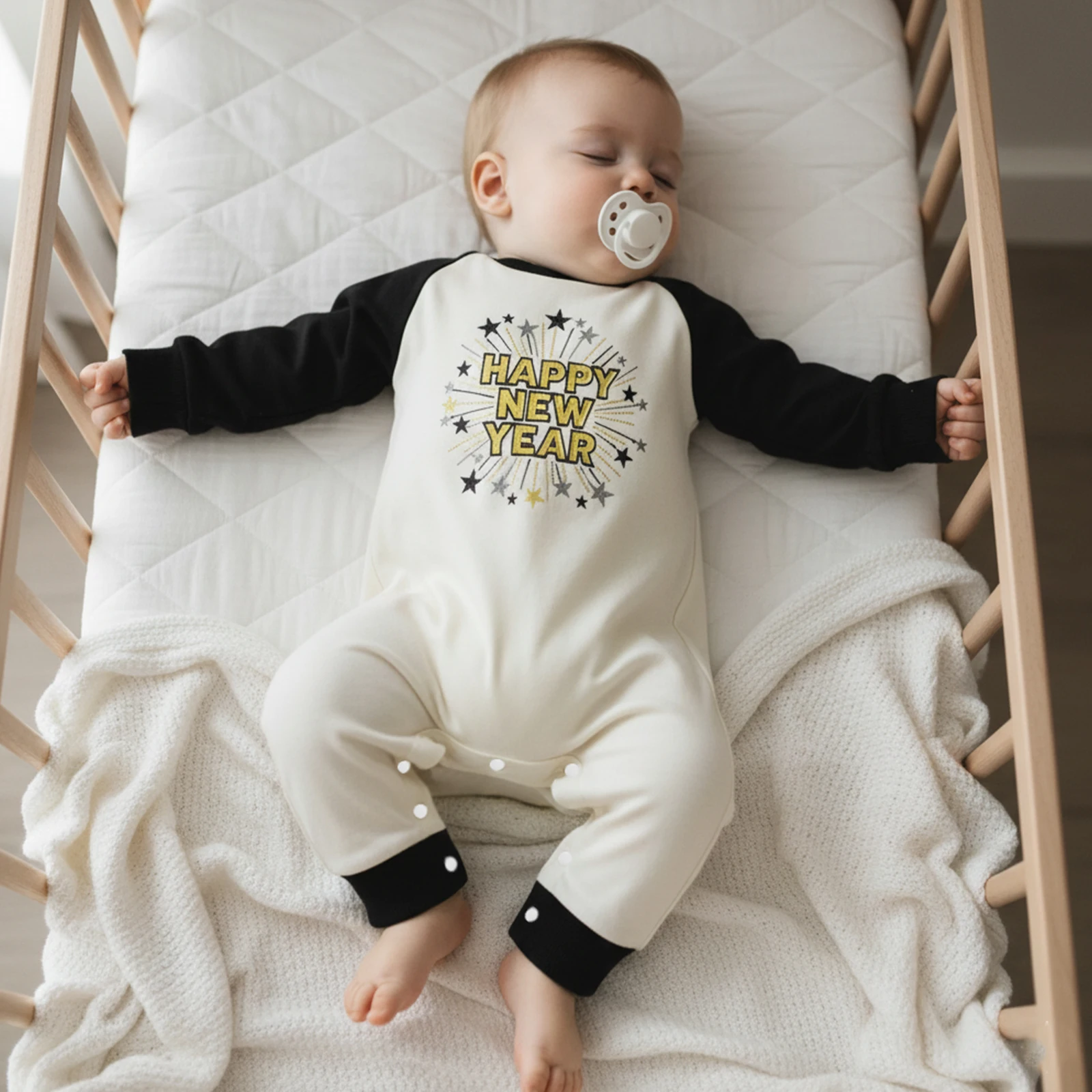 Baby Boy New Year Romper Long Sleeve Round Neck Letter Embroidery Jumpsuit Newborn Footless Pajamas