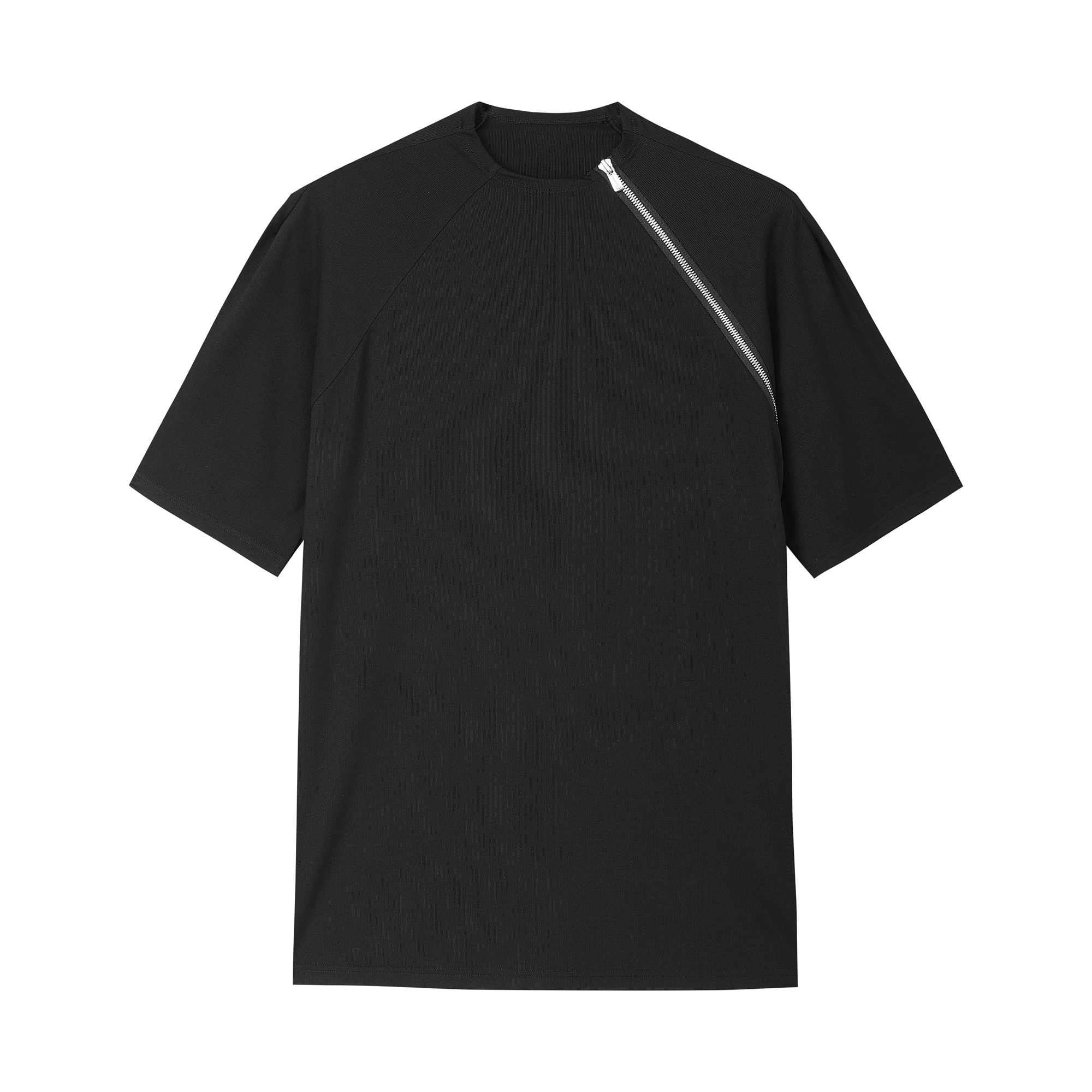High Street Tees T Shirts 25SS Men's High Elasticity Slim Fit High-end Diagonal Zipper Mid Neck Short Sleeved T-shirt Top