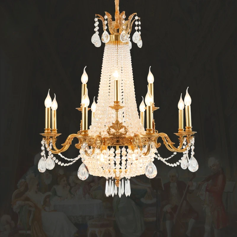 

French Style Villa Living Room Brass Crystal Chandelier Duplex Building Luxury Staircase Pendant Light
