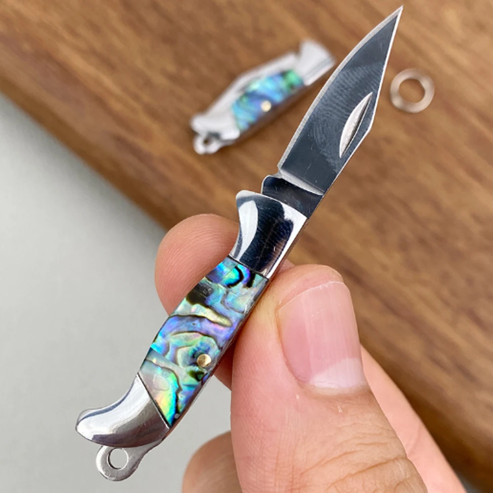 Mini Folding Pocket Knife Keychain, Natural Abalone Shell & Engraved Brass Handle, Tiny Stainless Steel Blade EDC Unboxing Cutte