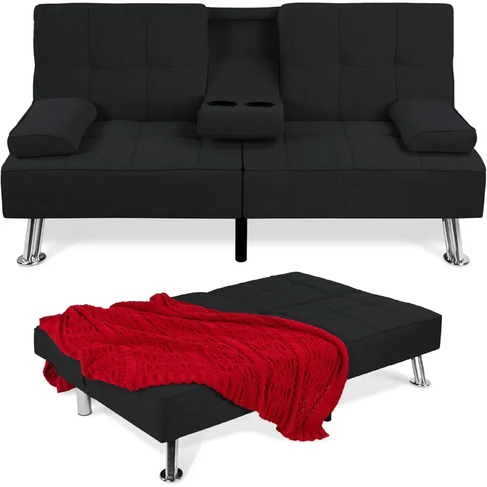 Reclining Sofa Bed for Apartment, Linen Modern Folding Futon, Dorm w/Removable Armrests, 2 Cupholders, Living Room Sofas