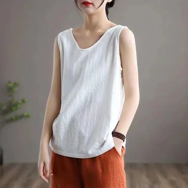 الصيف النساء القطن الكتان سترة دون أكمام فضفاضة عادية رقيقة الجولة الرقبة التخسيس تانك القمم السيدات ملابس خارجية TS-878