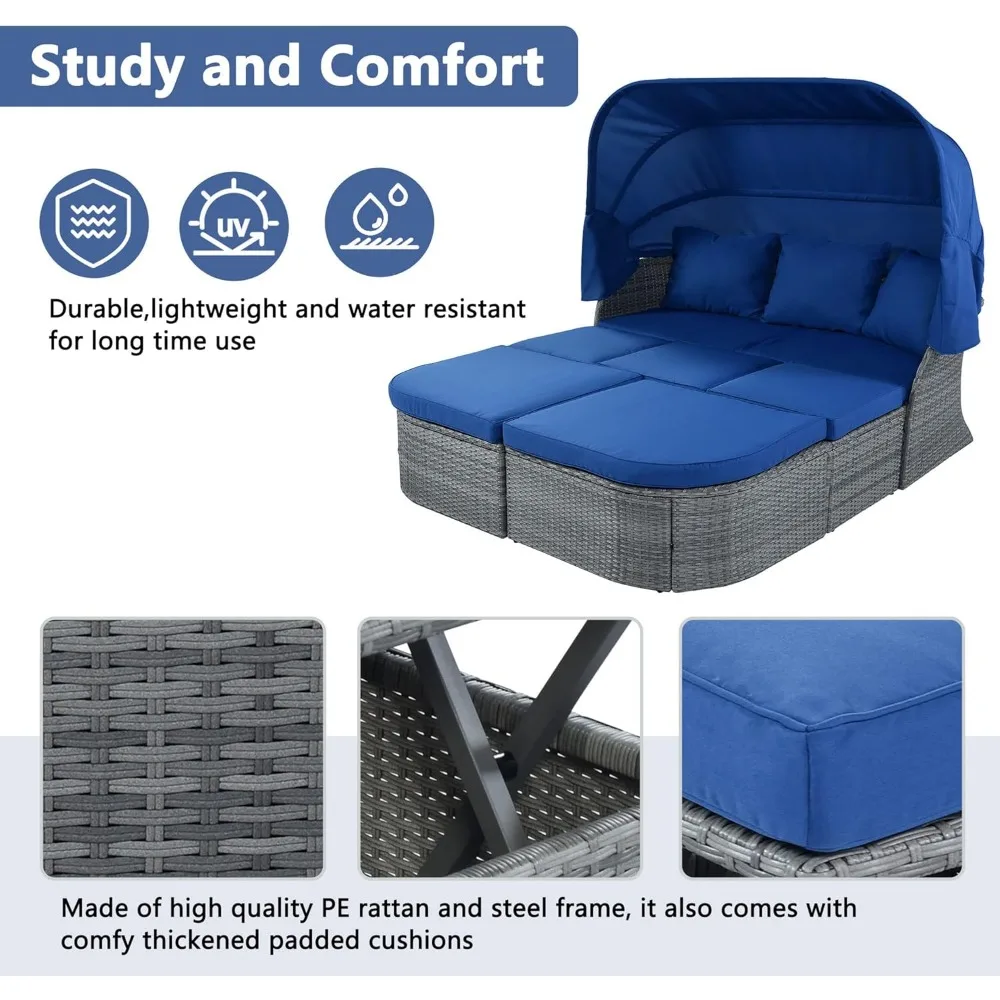 Patio Furniture Set Daybed with Lift-top Table & Retractable Canopy,Wicker Rattan Outdoor Conversation Set w/Upholstered Cushion
