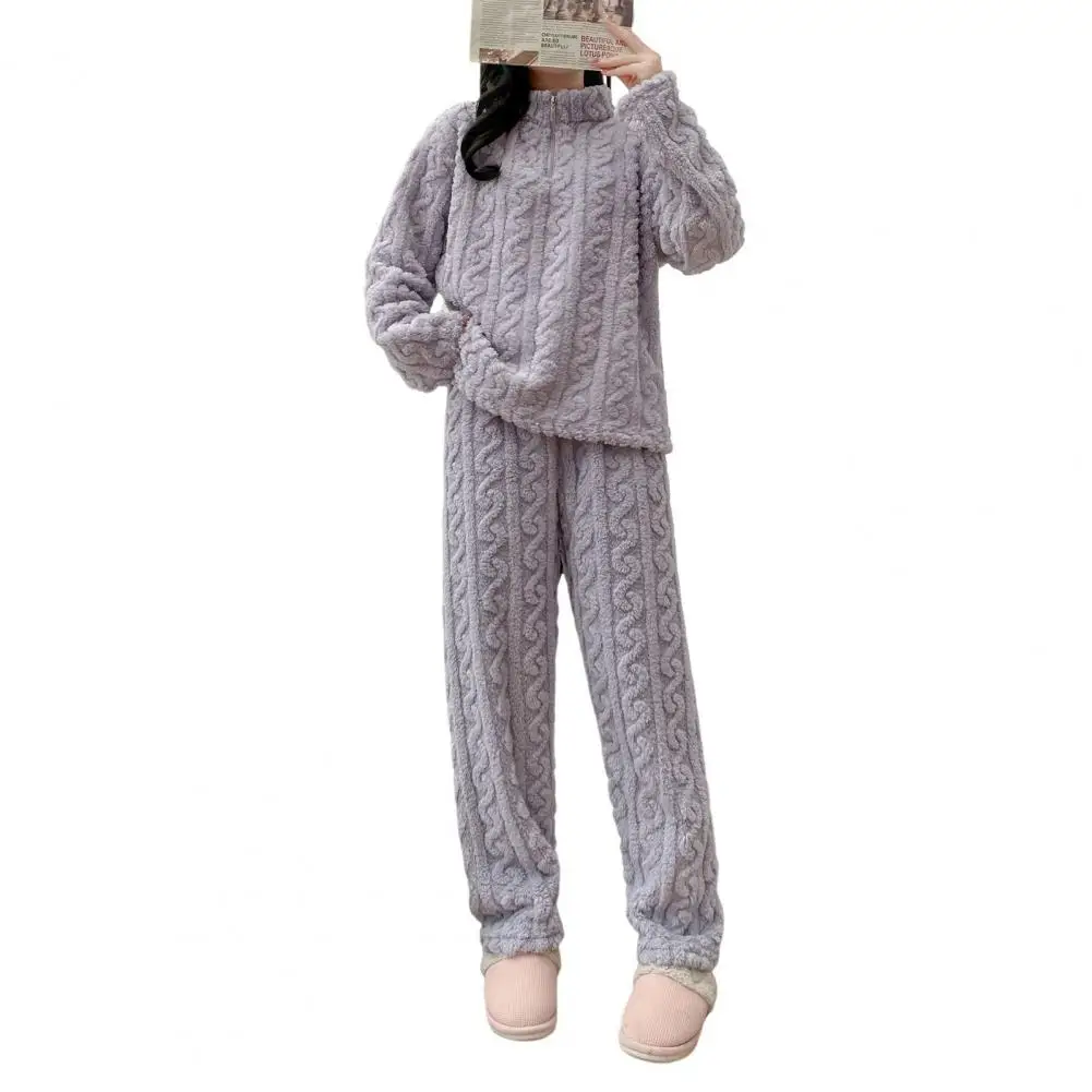 New Pajama Sets Women\'s Solid Long Sleeve Winter Woman Fluffy Pijama Suit with Pants Thick Warm Fleece Home Clothes for Female