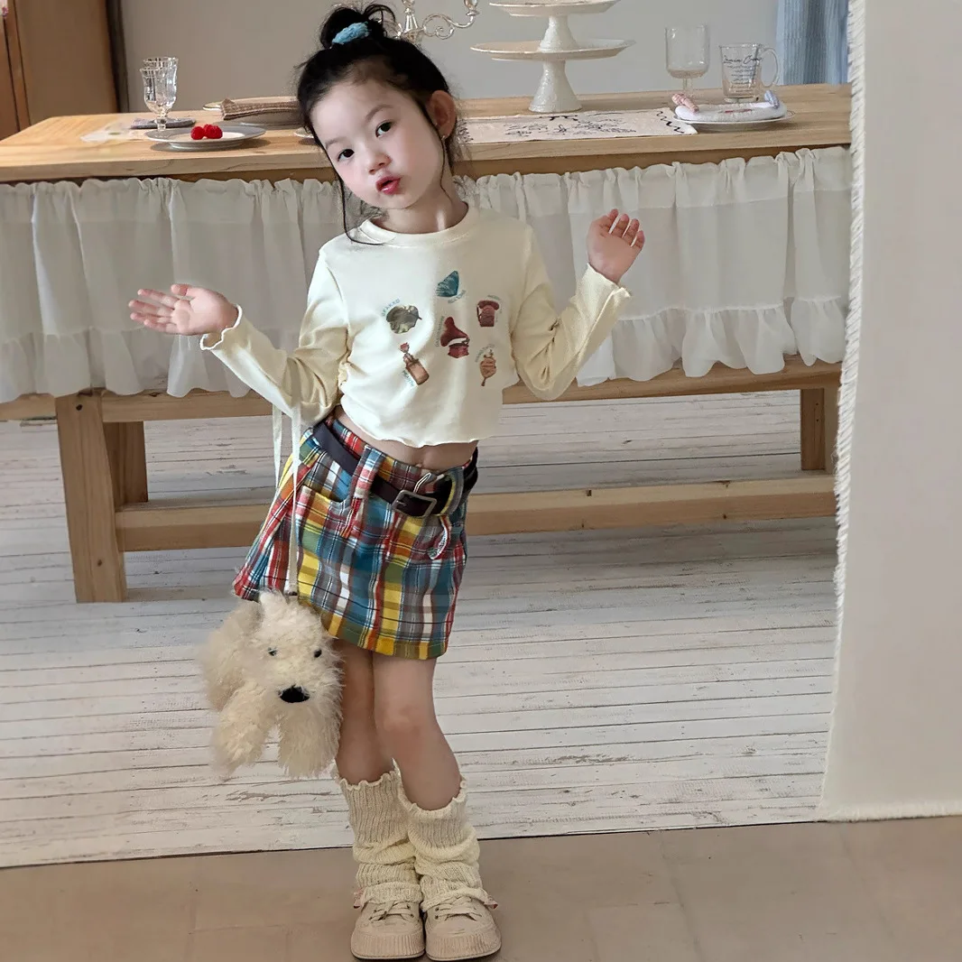 

New Korean Long Sleeved Round Neck Shoulder T-shirt for Girls Spring and Autumn Children Cartoon Curved Short Top
