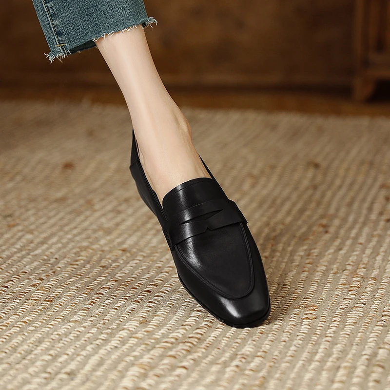 French Style Woman Shoes Autumn Spring Slip On Cowhide Loafers Genuine Leather Basic Design Flats Comfortable Loafer Shoes