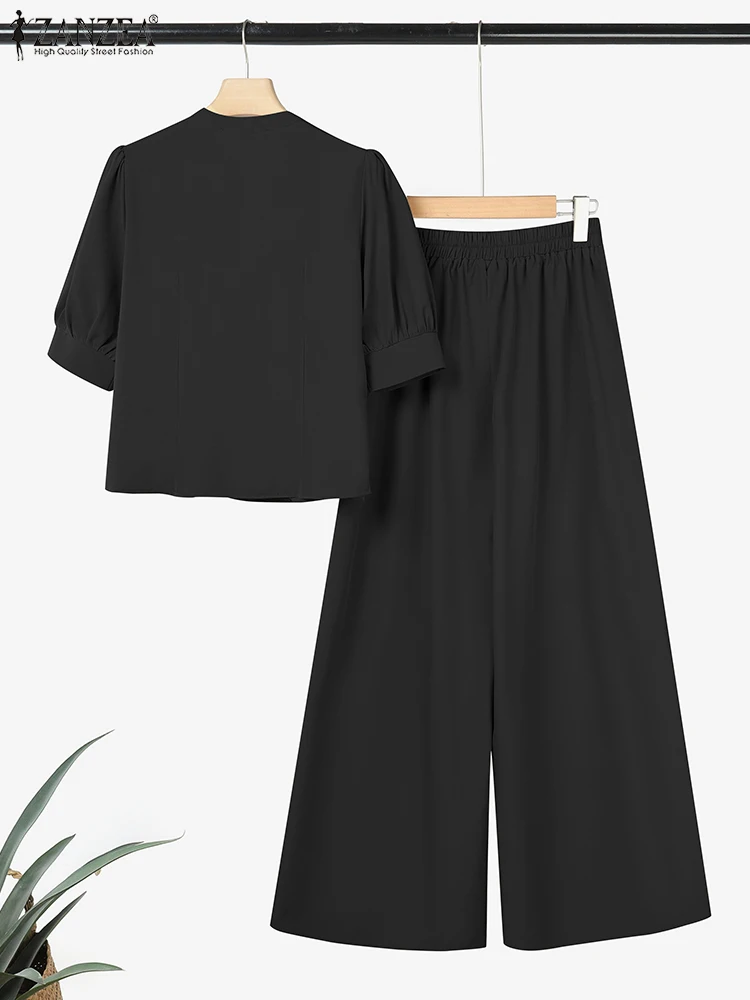 Zanzea 2025 verão feminino conjuntos de correspondência com decote em v manga curta puff blusa perna larga calça moda fatos de treino 2 pçs escritório ol outfits