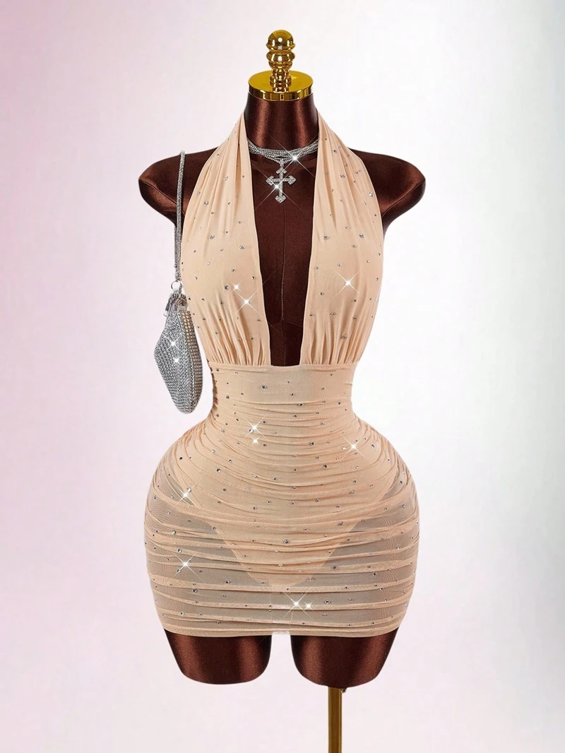 

STYLISH LADY Diamonds Mesh Dress 2026 Spring Women Halter Backless Bodycon Sexy Club Party Mini Shiny Dresses