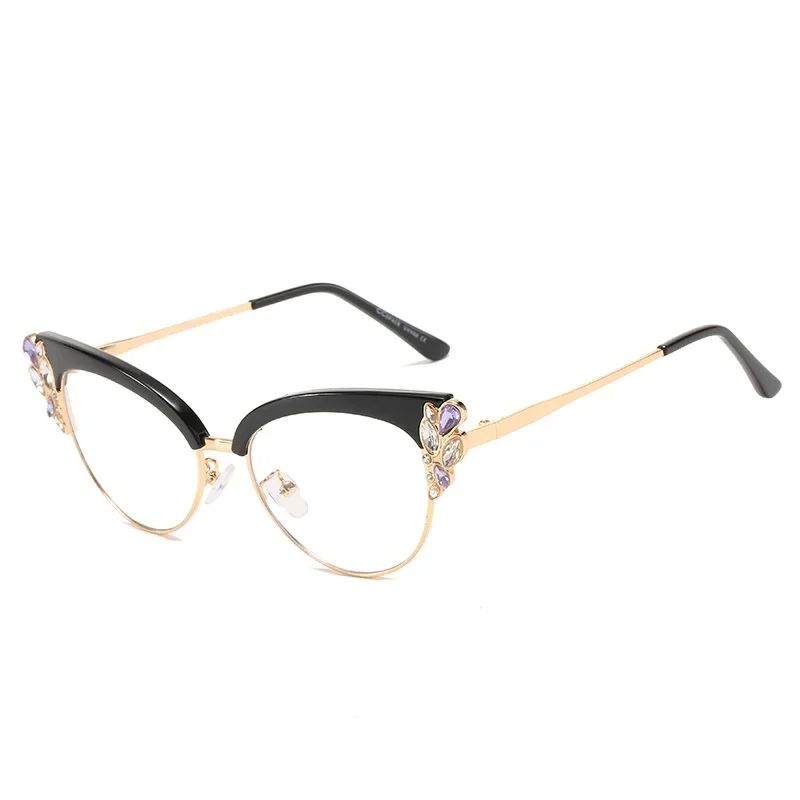 Fashion Luxury Diamond-studded Anti-blue Glasses Women Vintage Cat Eye Eyeglasses Frame Trend Personality Flat Mirror Eyewear