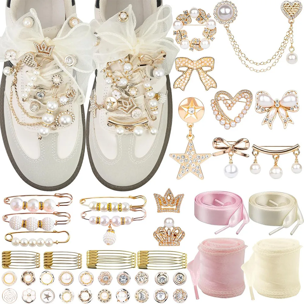 

68 шт. подвески для обуви для кроссовок, подвески для мусорных носков, элегантный комплект подвесок для кроссовок с жемчужными булавками, шнурки, украшения для обуви своими руками