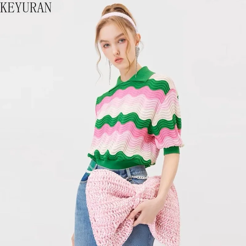 2024 New Summer Rainbow Striped Sweater Women\'s Knit T-Shirt Vintage Turn-down Collar Casual Loose Pullover Knitwear Tops Jumper