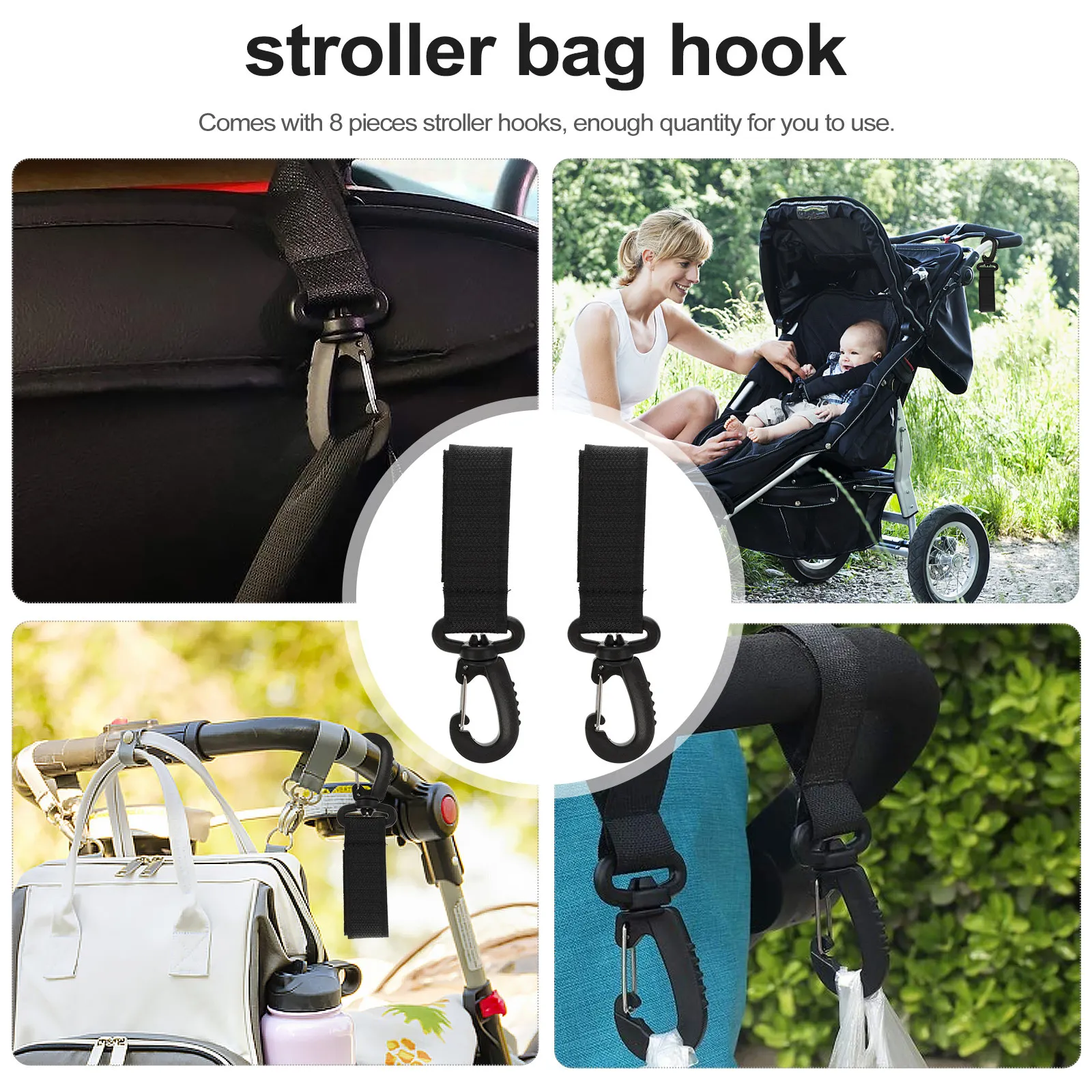 

8Pcs Stroller Hook Baby Pram Holder Lightweight Portable 360 Degree Rotation Clip Organizer Convenient Diaper Bag Hook