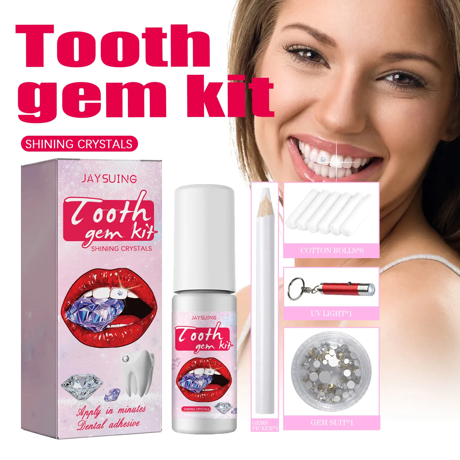 

Набор для украшения зубов: DIY-комплект для создания стоматологических украшений с УФ-лампой, полимеризующей смолой, разноцветными кристаллами и белыми стразами, модный, 1 комплект