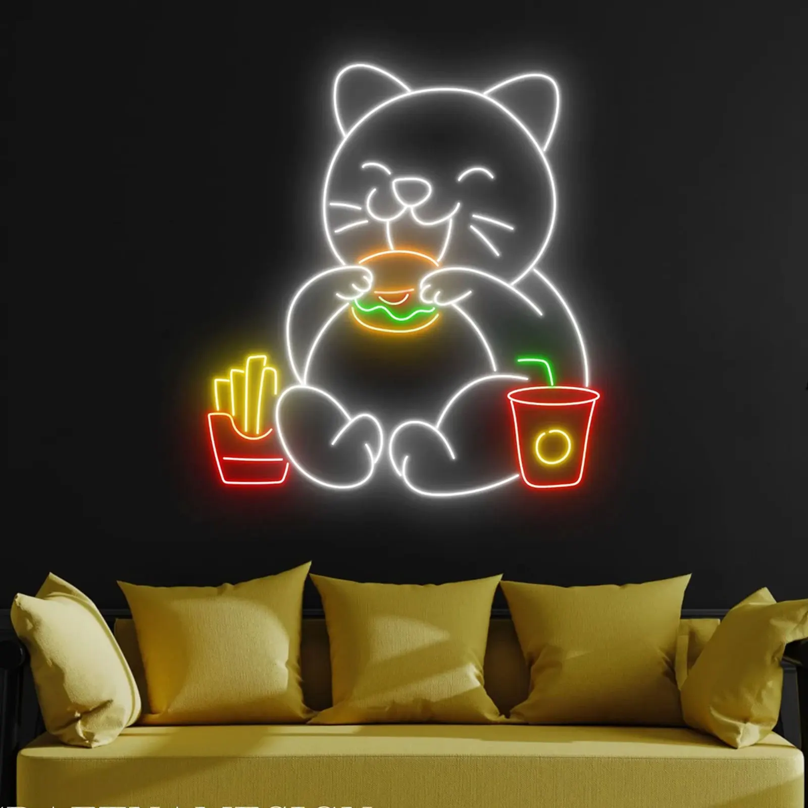 Anime Cat Neon Sign Burger French Fries Sign Custom Fast Food Restaurant Kitchen Wall Art Decor Business Shop Bar Beer Sign