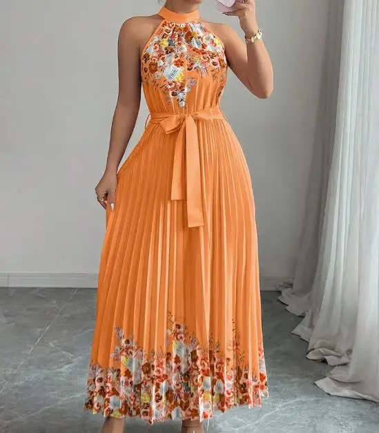 

Summer New French Elegant Fashionable Temperament Flower Print Lace Up Waist Cinched Round Neck Pleated Sleeveless Women's Dress