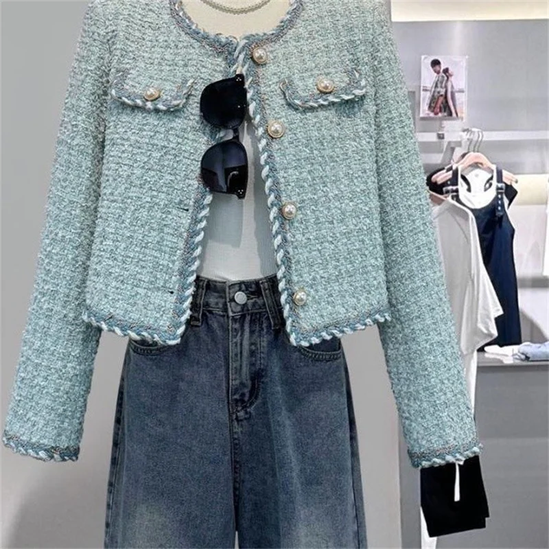 Women Elegant Tweed Jackets Chic O-neck Long Sleeve Tops New Autumn Fashion Single-breasted Office Cardigan Coat 2025 Outerwear
