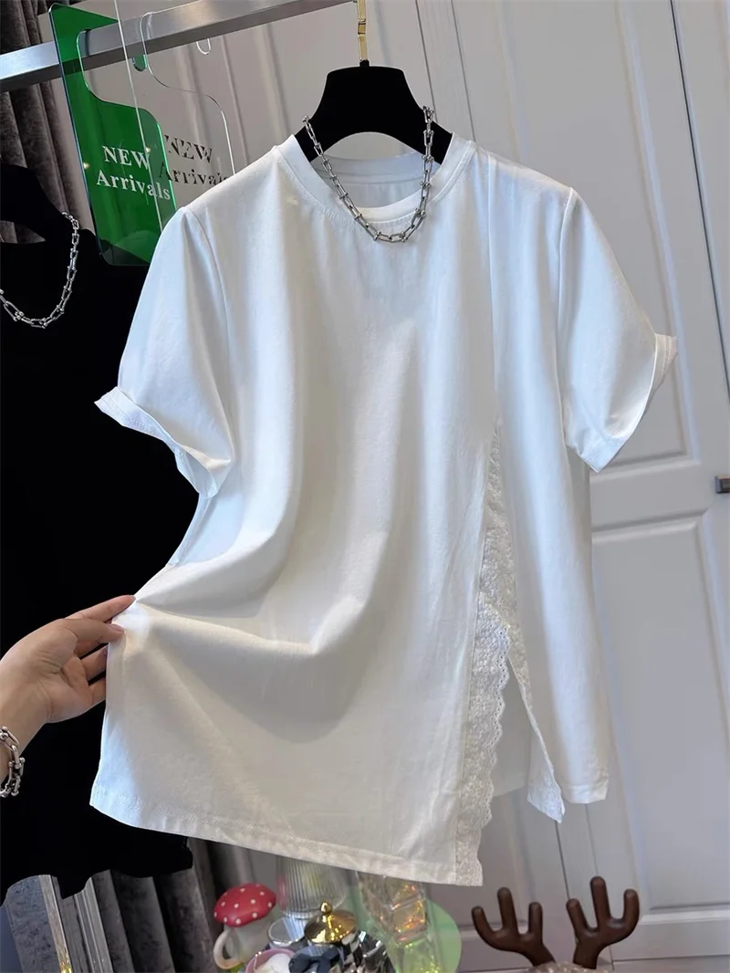 

Loose Fit plus Size Women's T-Shirt Asymmetric Slit Short Sleeve Korean Style Commute Cotton Blend Summer Top for Teen Girls