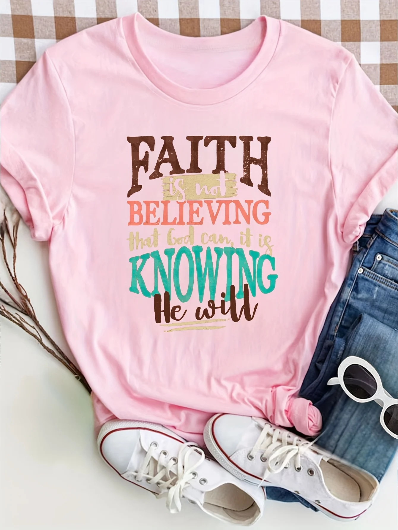 Faith Is Not Believing Women's Tee - Inspirational Bible Quote Graphic, Casual Rust Top