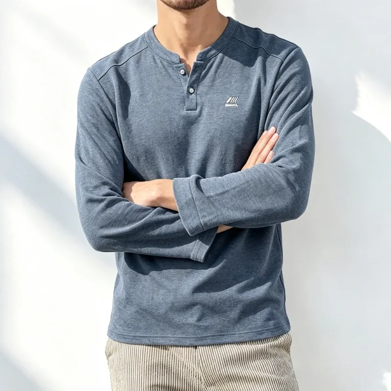Men's Long-Sleeved Henry Shirts Autumn Spring Casual Comfortable Office Work Polo Shirts Men Business Workwear Pullover T Shirts