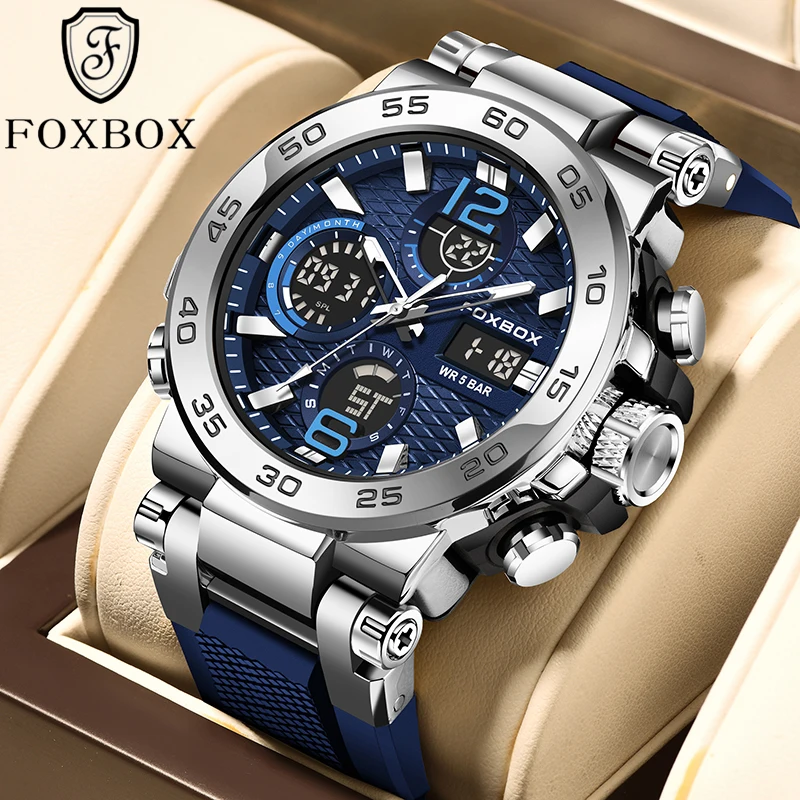 FOXBOX Fashion Luxury Men's Watches Military Waterproof Dual Display Luminous Clock Chronograph Sports Quartz Wristwatch Reloj