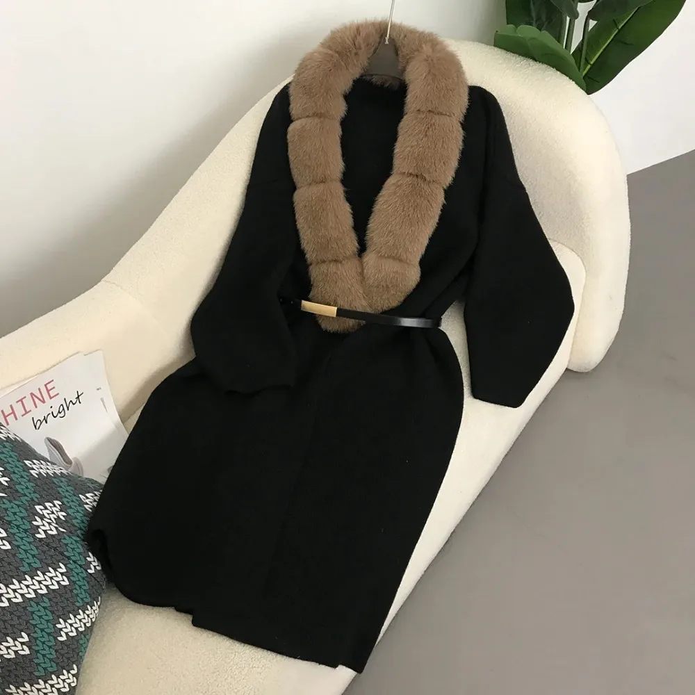 

2025 New Women's Long Knit Coat with Luxurious Faux Fox Fur Collar & Belt, Loose Thickened Warm Outerwear