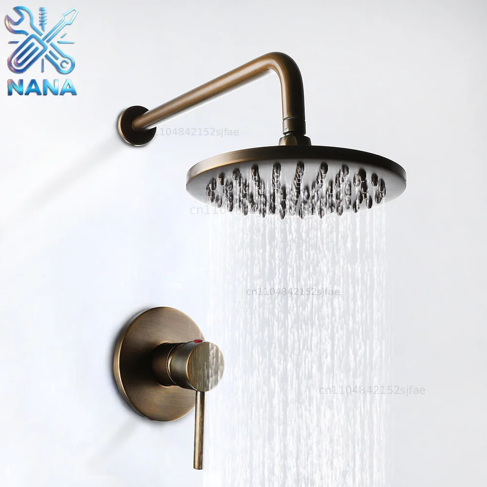 All-copper concealed hidden hotel household wall-type single-function shower round antique rain shower set