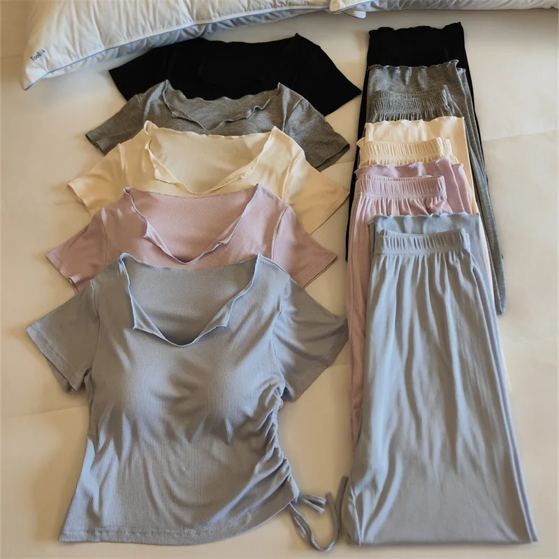 Summer Modal Thin Two-Piece Set Pajamas Suit Short Sleeve Loungewear With Chest Cup Sleepwear Women's Pyjamas Pijamas Mujer
