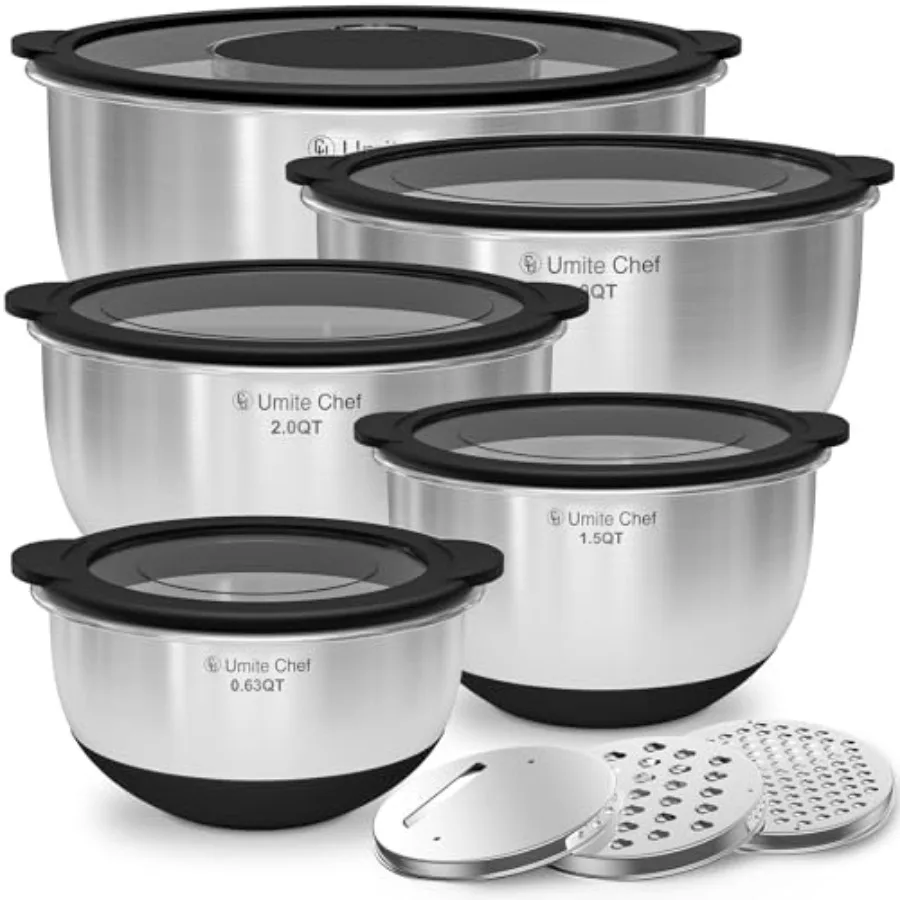 

Mixing Bowls with Lids Set - Non-Slip, Airtight Warp-Proof TPR-AS Lids, Thicker Stainless Steel Bowls, Measurement Lines and 3