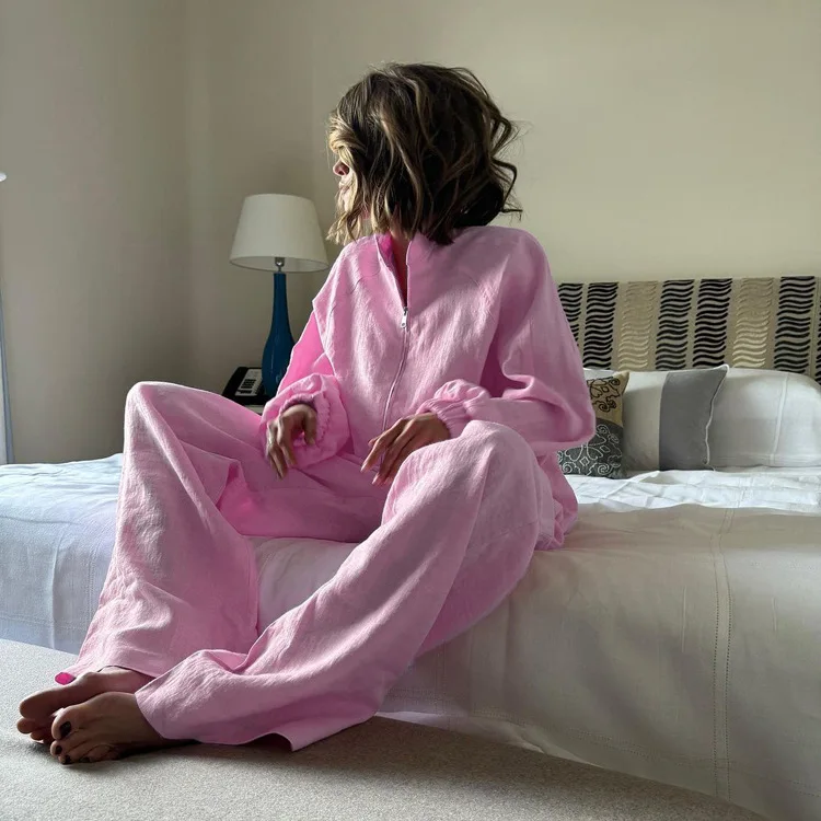 Sexy O-Neck Nightwear Long Sleeve Nightgowns Pants Casual Female Pajamas Set 2026 Pink Loose Ladies Sleepwear 2 Piece Suit
