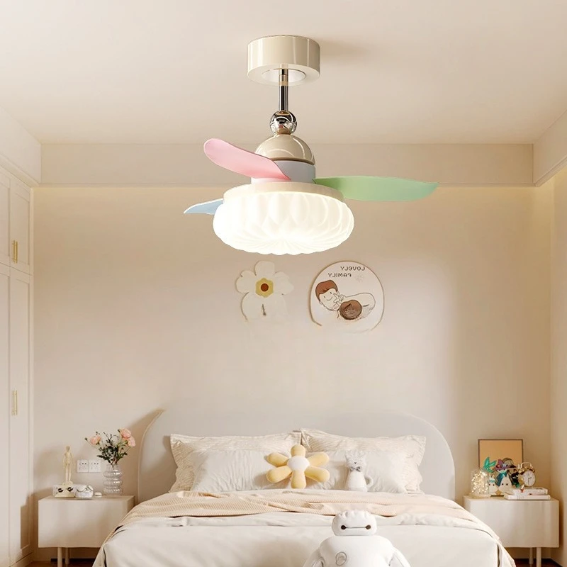 Children's Room Ceiling Fan Lights Dopamine Colorful Macaron Ceiling Fan Lamps Boys and Girls Bedroom Cream Style Home Fixtures