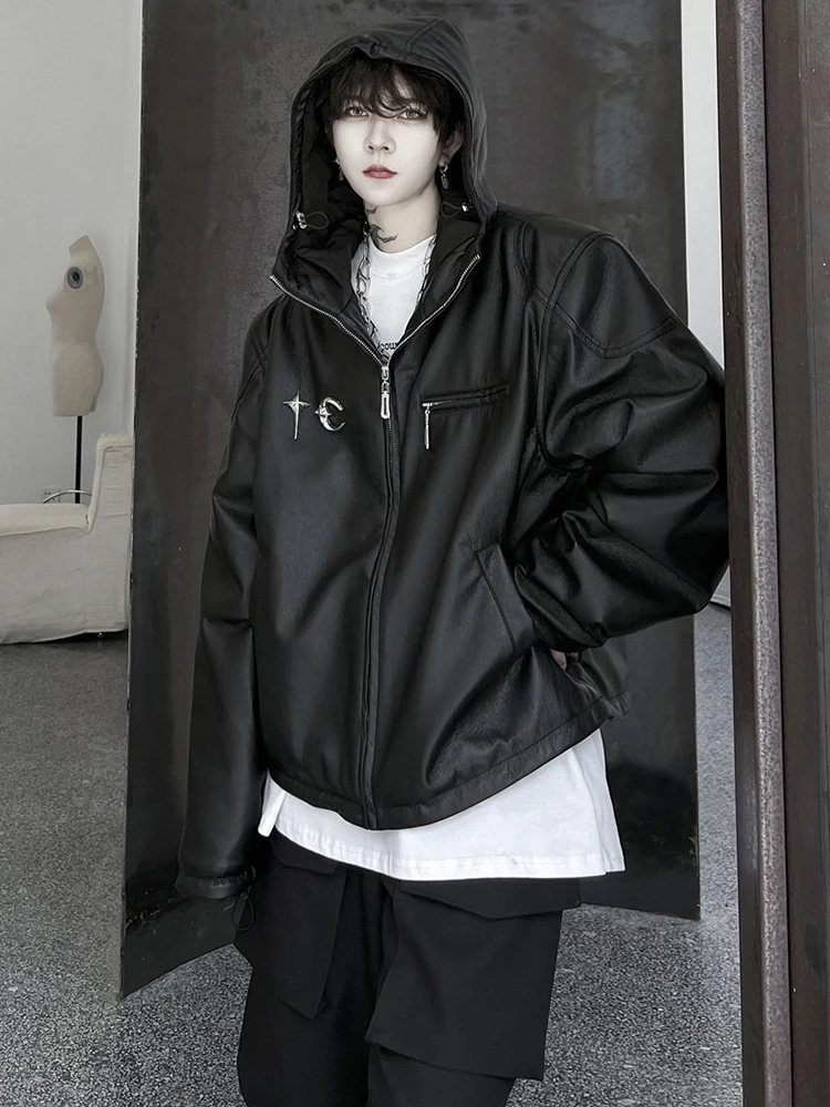 LUZHEN 2024 Trendy Mit Kapuze Leder Gepolsterte Jacke männer Metall Schnalle Schmücken Design High Street Koreanische Mode Oberbekleidung LZ6739