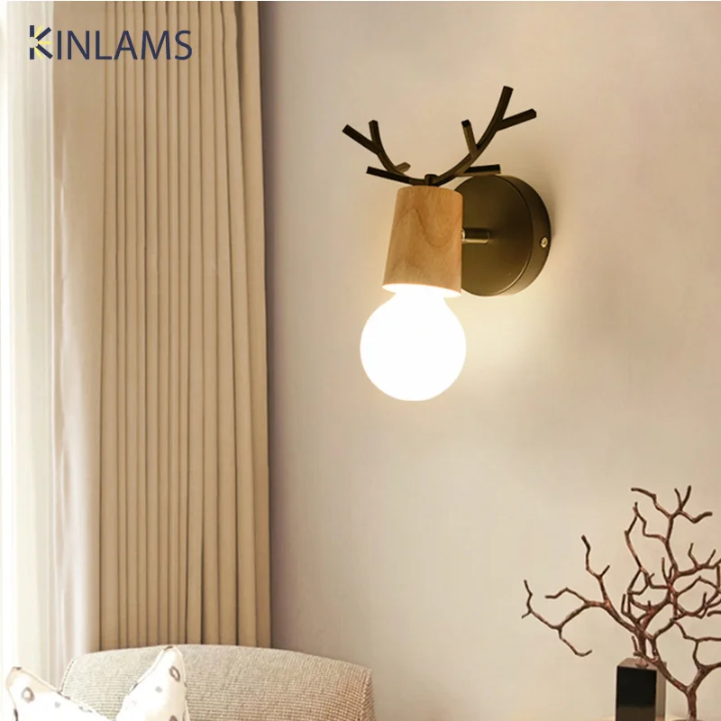 

Nordic Deer Antler Bedside Wall Light Bedroom Corridor Balcony Living Room Wall Lamp Wooden Children's Room Decoration Lighting