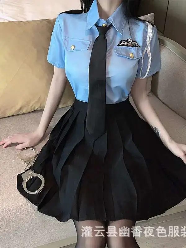 Sweet Korean Women Mini Dress Sexy Policewoman Uniform Seduction Cosplay Professional Clothes Hot Dress Elegant Tops FX8S