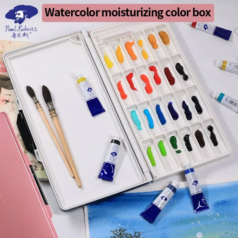 Paul Rubens Watercolor Palette Empty Palette Cases Moisturizing Painting Tray Box for Watercolor Oil Acrylic Paints Pink Blue