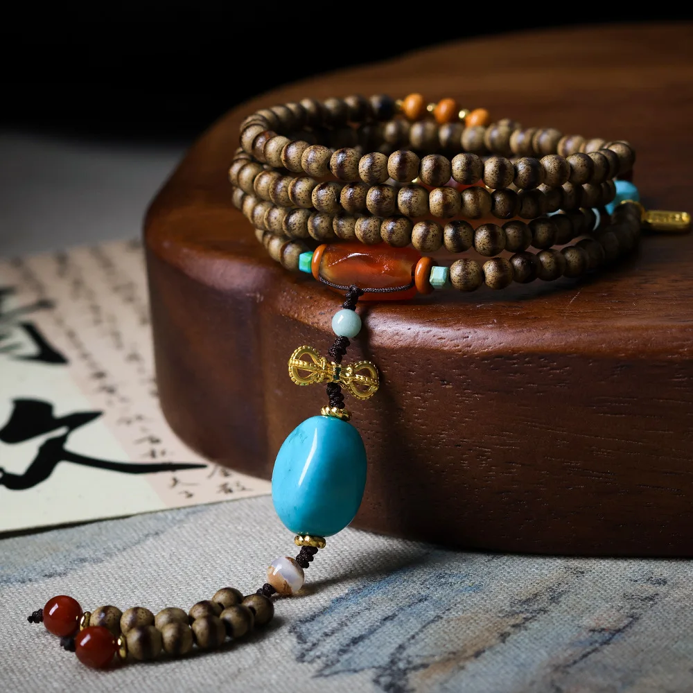One line butter, agarwood, hand woven new Chinese style necklace, magnesite, turquoise, stationery, sweater chain