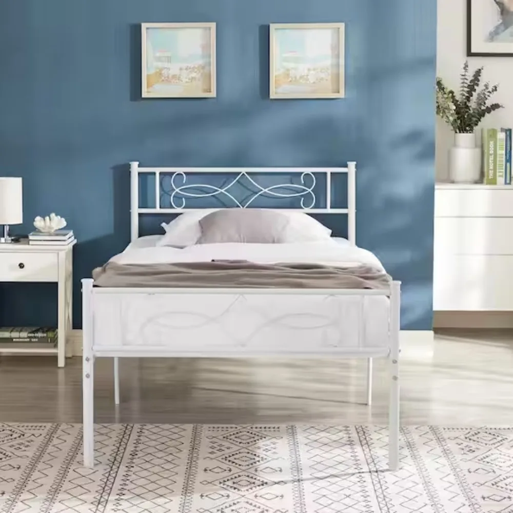 Bed Frame with Headboards, White Heavy Duty Frame, 39 in. W Twin Metal With 6 Support Legs Platform Bed Frame
