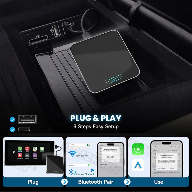 2in1 Carplay Box Wireless Carplay Android Auto Wired To Wireless Adapter USB/TypeC Auto-Connect For Car Radio with Wired CarPlay