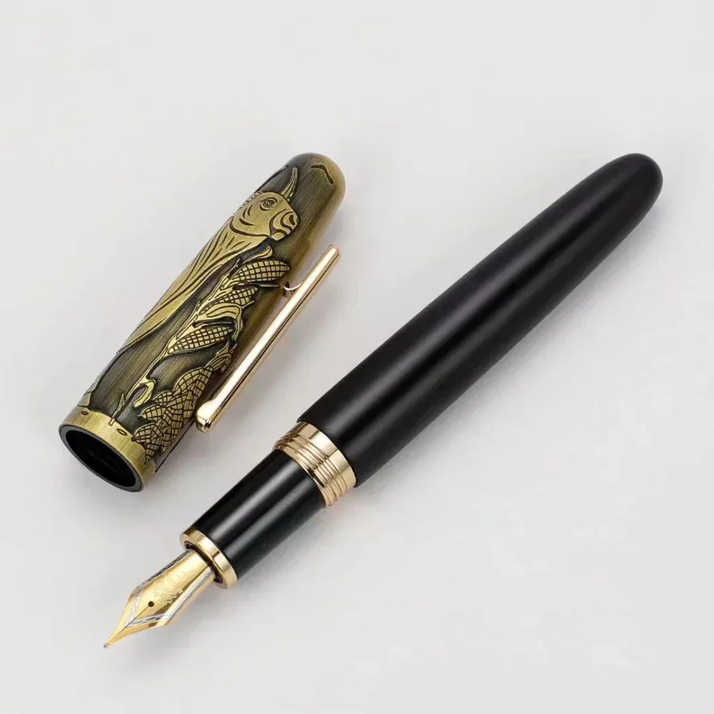 قلم حبر Jinhao 9056A منقوش على شكل ثور EF/F/M، قلم مكتب للكتابة مصنوع يدويًا من الخشب والمعدن