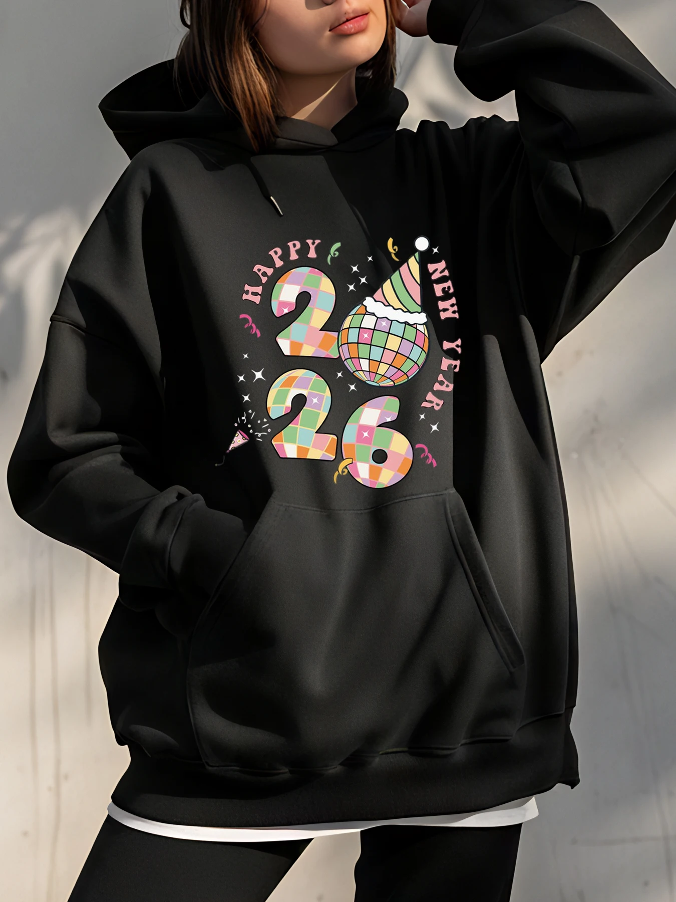 

Толстовка с капюшоном «С Новым годом 2026, красочный цифровой принт, унисекс, повседневная толстовка для женщин и мужчин, зимняя уличная одежда, модный пуловер