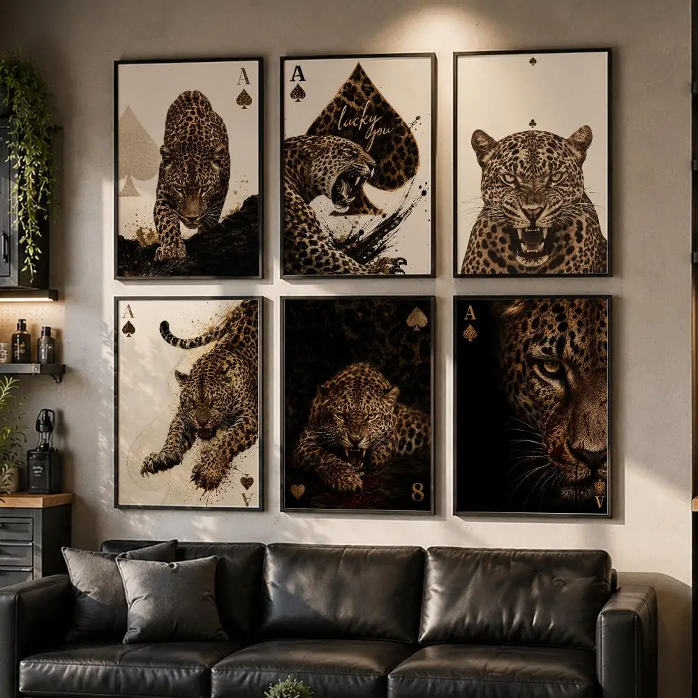 Lucky Leopard Cards Poster Wall Decor Self-Adhesive Aesthetic Modern Vibe Stylish Gift Friends Using Living Room Bedroom