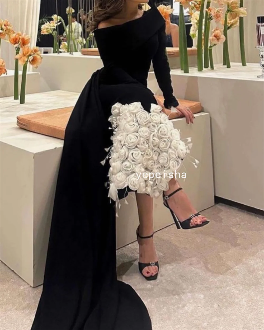 Customized Elegant High Quality Jersey Flower Feather Straight One-shoulder Long Dresses Fashion Formal Sizes Available