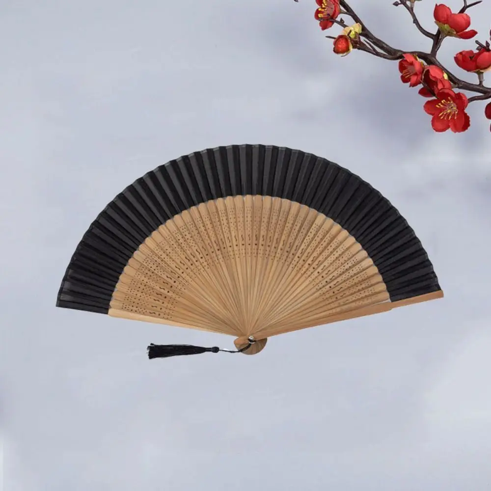 Antique Silk Fan Carved Handle Bamboo Folding Fan with Tassel Handhold Chinese Fan Vintage Dance Fan Photo Props
