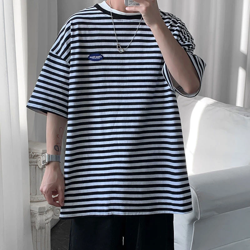 

Vintage Striped Men Short Sleeve Sweatshirt Summer Korean Fashion All-match Loose Brief Oversized T Shirts Teens Casual Harajuku