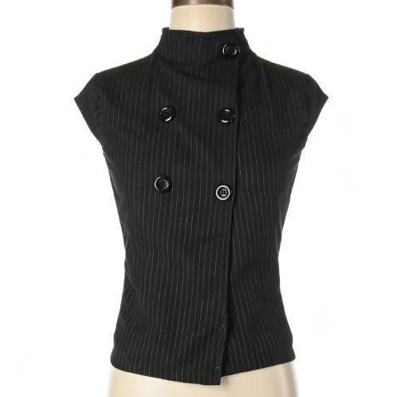 Pinstripe vertical collar and double-breasted slim waist slimming summer commuter sleeveless top Ins Style