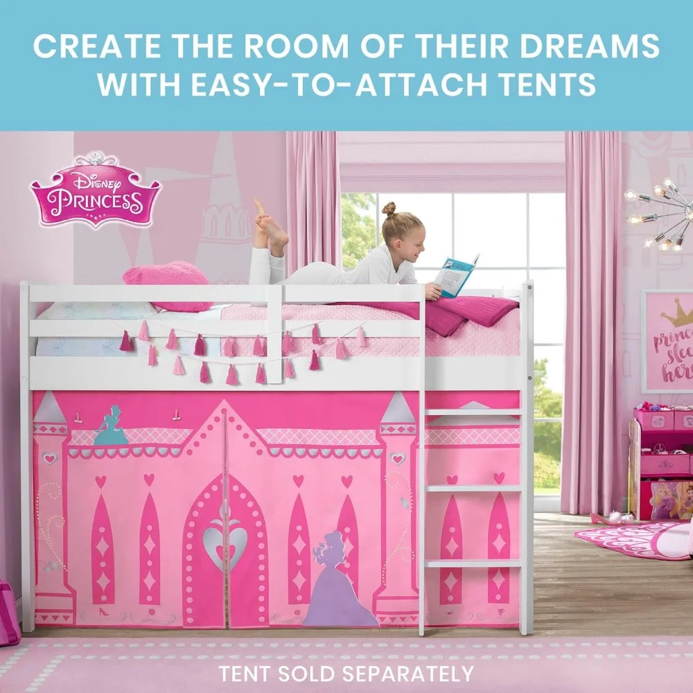 Children Twin Loft Bed with Guardrail and Ladder (Coordinates with Disney Princess & JoJo Siwa Tents Sold Separately), Whi